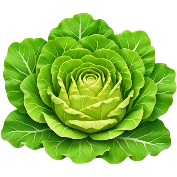 head of lettuce, layered green leaves, crisp, curled edges, outer leaves bright green, inner leaves pale yellow, leafy, ruffled, veined, fresh, base stem end visible, 3D, clean, minimal, soft shadows, transparent background, emoji scale emoji