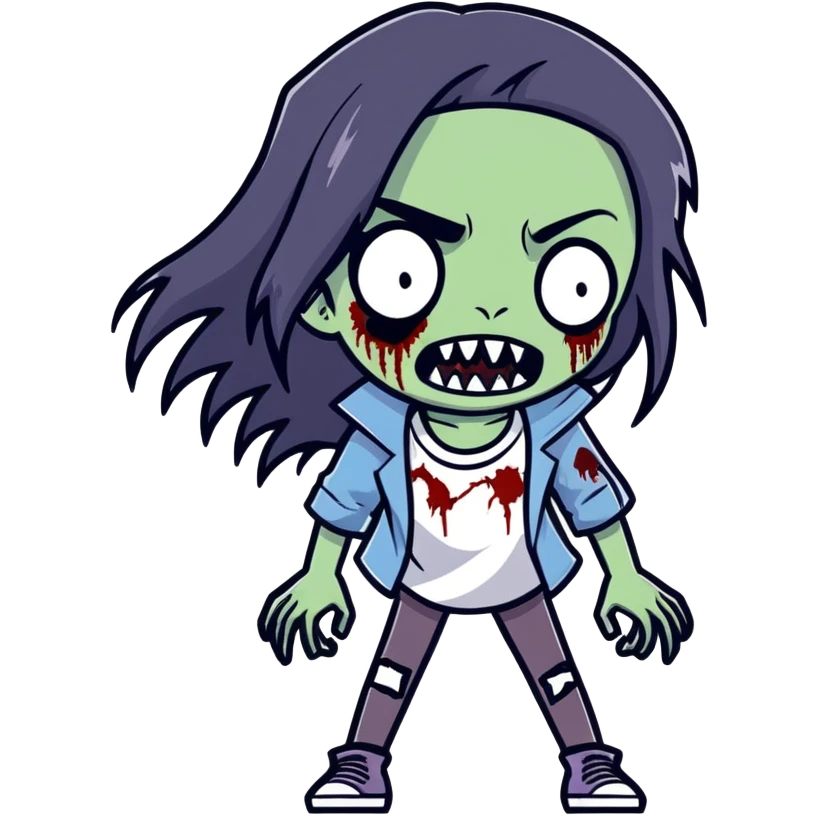 girl zombie with black long hair with teeth and serious face emoji