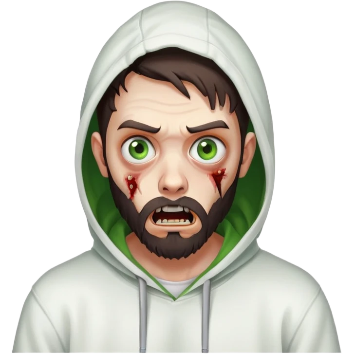 zombie with shocked expression, undercut hairstyle with dark brown hair, short full beard, heterochromia with one green eye and one brown eye, wearing plain white hoodie emoji