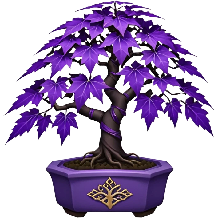  small short cascading black violet bonsai pot plant purple filigree-leaves maple tree with triangular angular multi-hexagon faceted asymmetrical originally shaped pot emoji