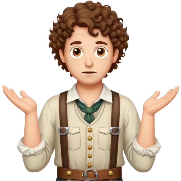 German person with brown curly hair in typical Bavarian clothing (lederhosen) shrugging and looking lost emoji