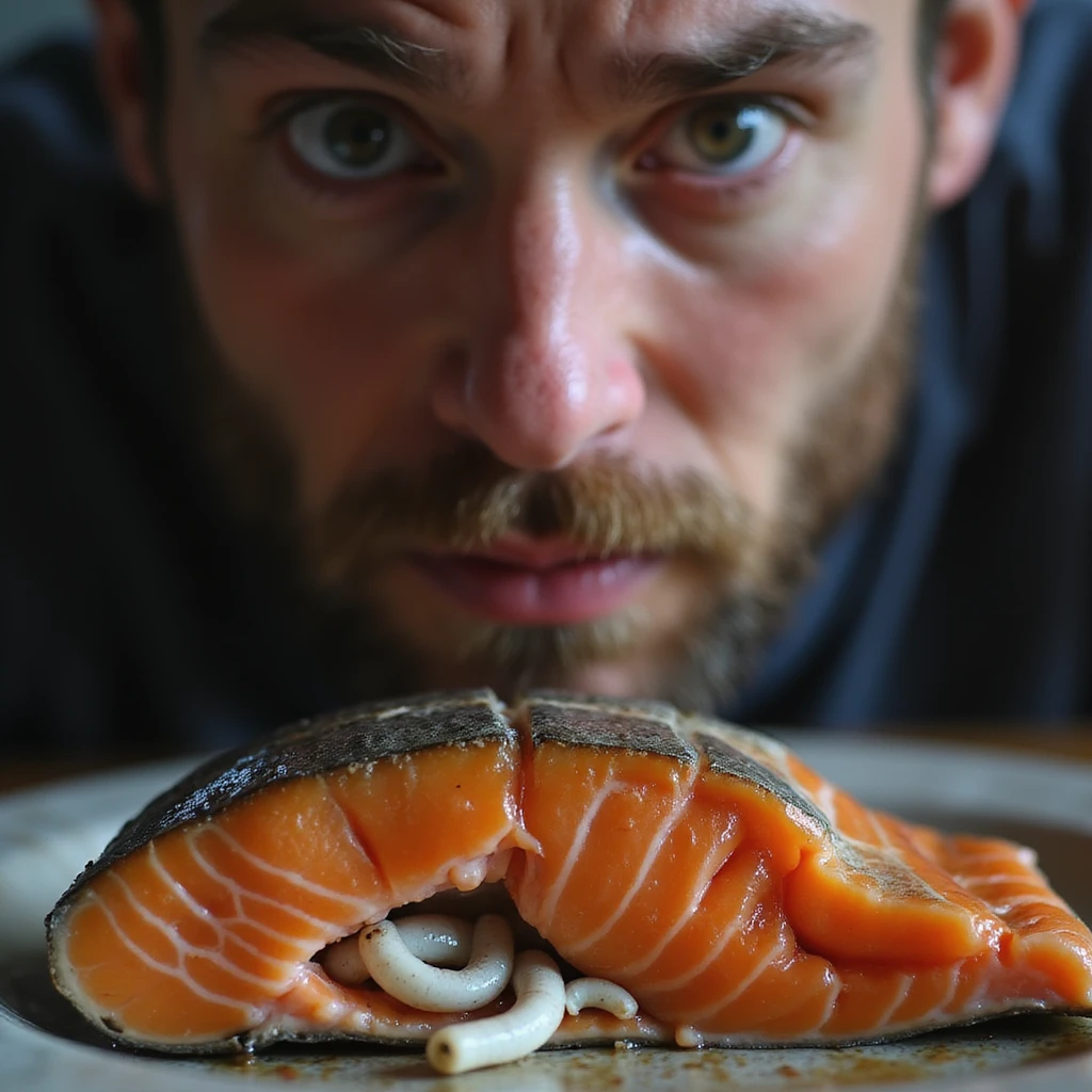 man looking surprised at a slice of raw salmon noticing small white worms inside the fish meat, realistic 4K style emoji