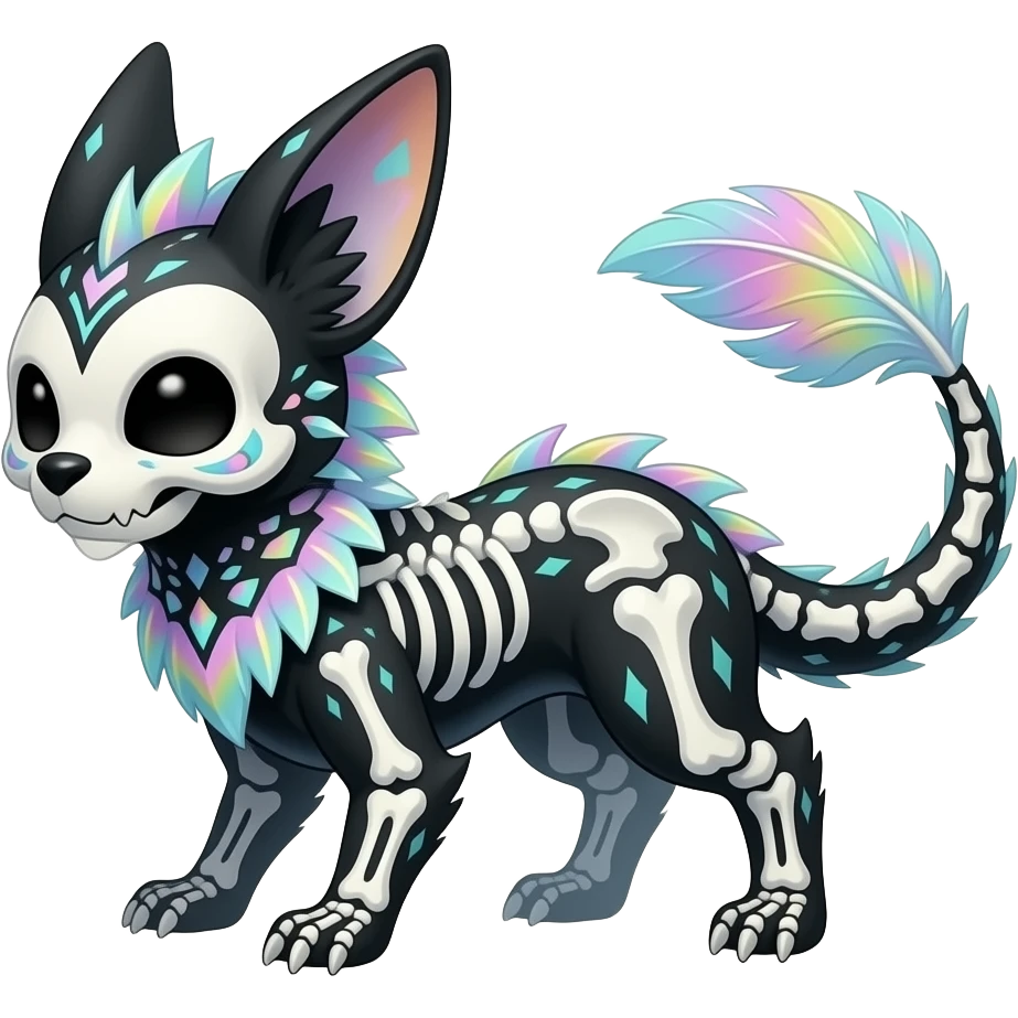 Rare realistic cute pretty elegant skeletal tribal patterned whitish pastel colorful iridescent shiny glossy feathery epic handsome gorgeous aesthetic black-skulled Vernid-Trico-Sergal-Salandit-Nargacuga-species-Fakemon-creature by LiLaiRa, 4 legs, 1 tail, random markings, (full body) long ears emoji