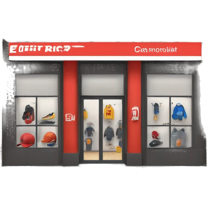 “Sports store exterior with a sleek design, large windows displaying athletic gear, bold signage, and an inviting entrance with modern doors.” emoji