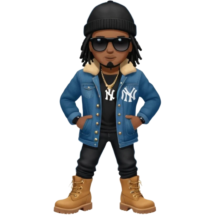 African American man with shoulder length black dreadlocks with black bead wearing black sunglasses with wearing denim skinny jeans wearing black bubble winter coat wearing black New York Yankees baseball hat and wheat timberland boots with arms folded emoji