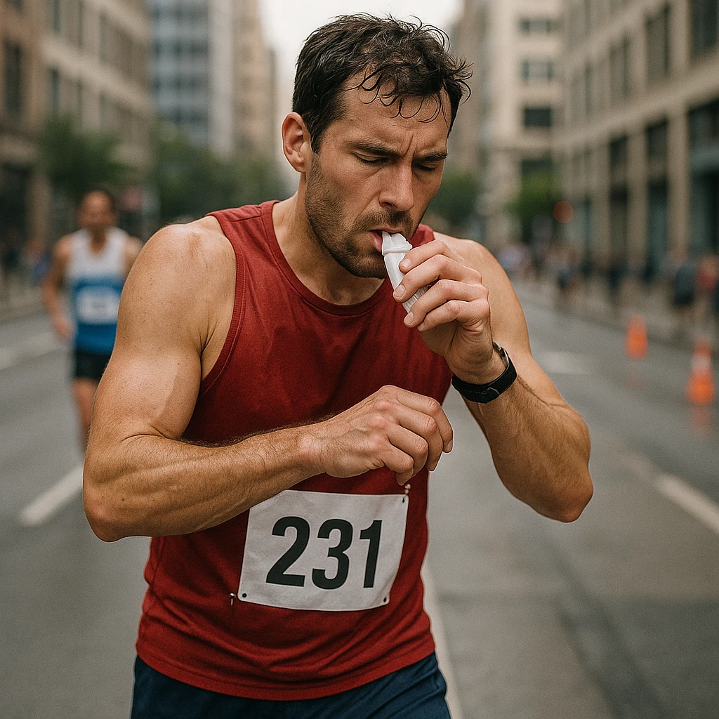 realistic 4K quality image of a runner during a race stopping briefly to take a sugar packet, expression of fatigue and concentration, urban environment emoji