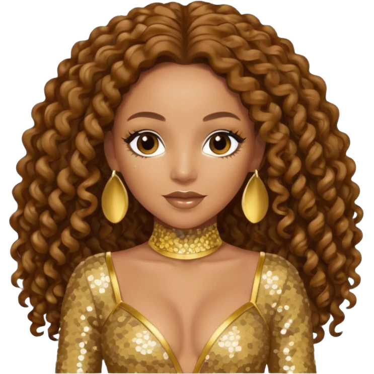 Mel B from Spice Girls with long brown curly hair, gold sequin outfit emoji