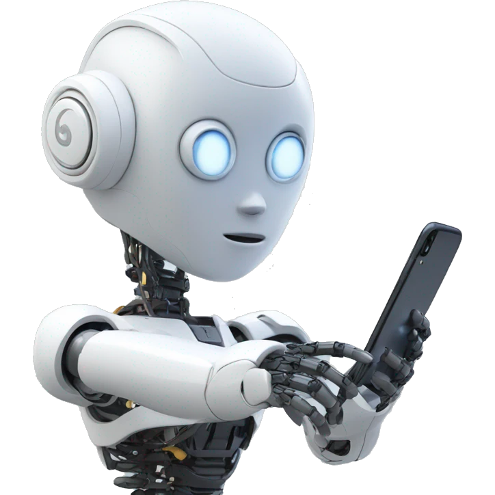 a humanoid robot looking at his iphone emoji