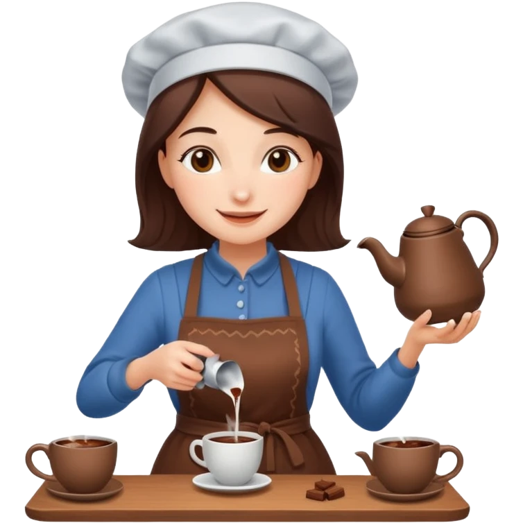 A cheerful woman wearing a winter apron, pouring cocoa from a kettle into tiny cups.
 emoji