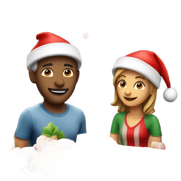 emoji Sports couple , a man and a woman in sportswear, sitting at the Christmas dinner table with a red Christmas hat emoji