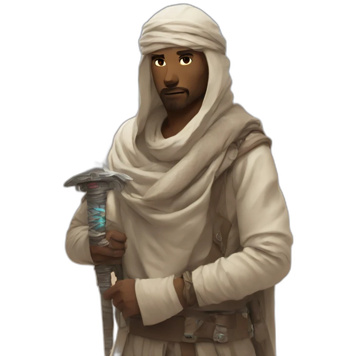desert man wearing shimagh and handling a cyberpunk sword emoji