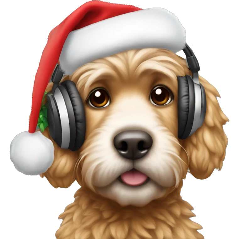 A cocka poo wearing head phones and a Christmas hat  emoji
