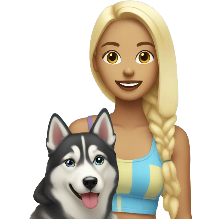 blonde girl at beach with Husky  emoji