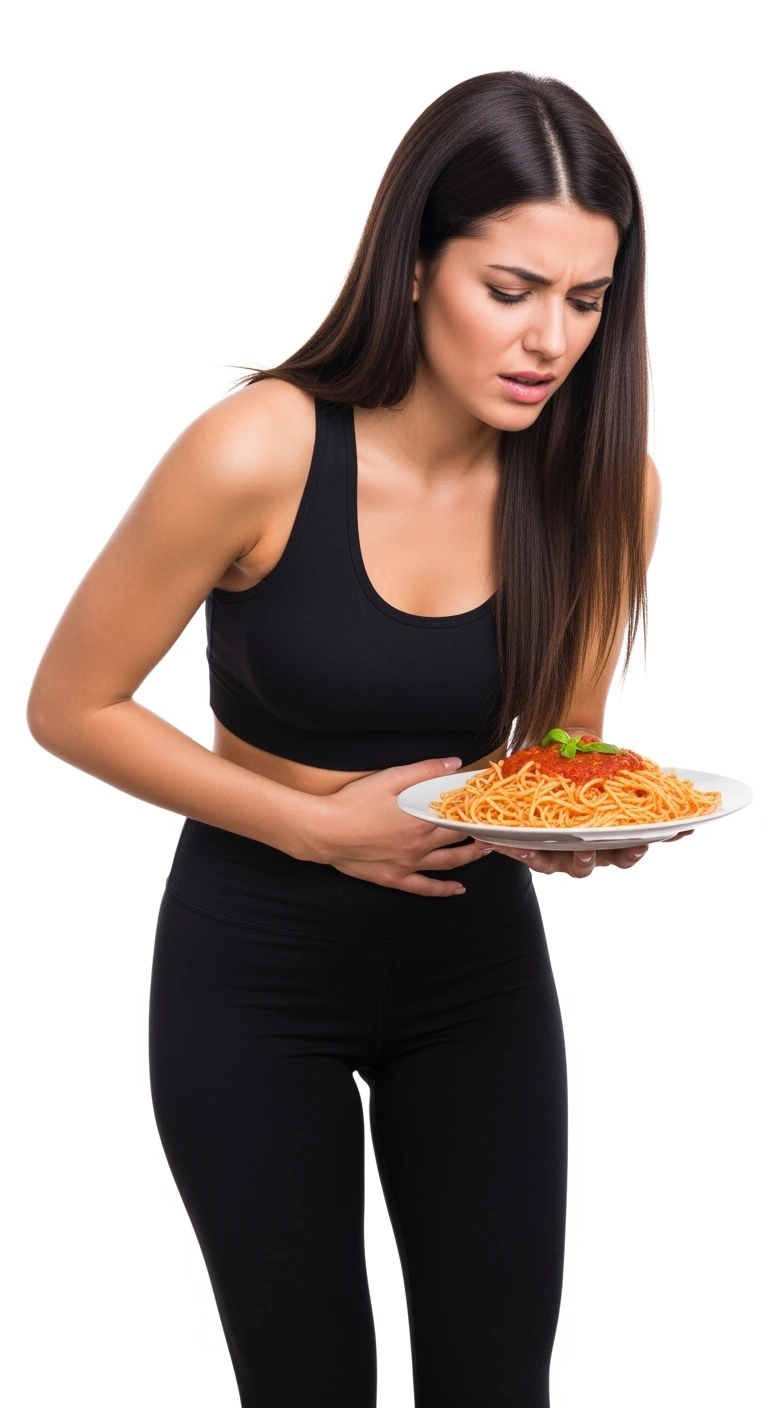DONNA FITNESS CON PIATTO DI PASTA IN MANO E MAL DI PANCIA, FA FATICA A DIGERIRE, ISOLATA SU SFONDO BIANCO emoji