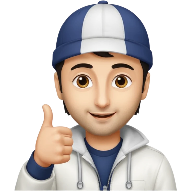 generate a pretty bratz emoji of ranbir kapoor wearing a white cap and doing a thumbs up emoji