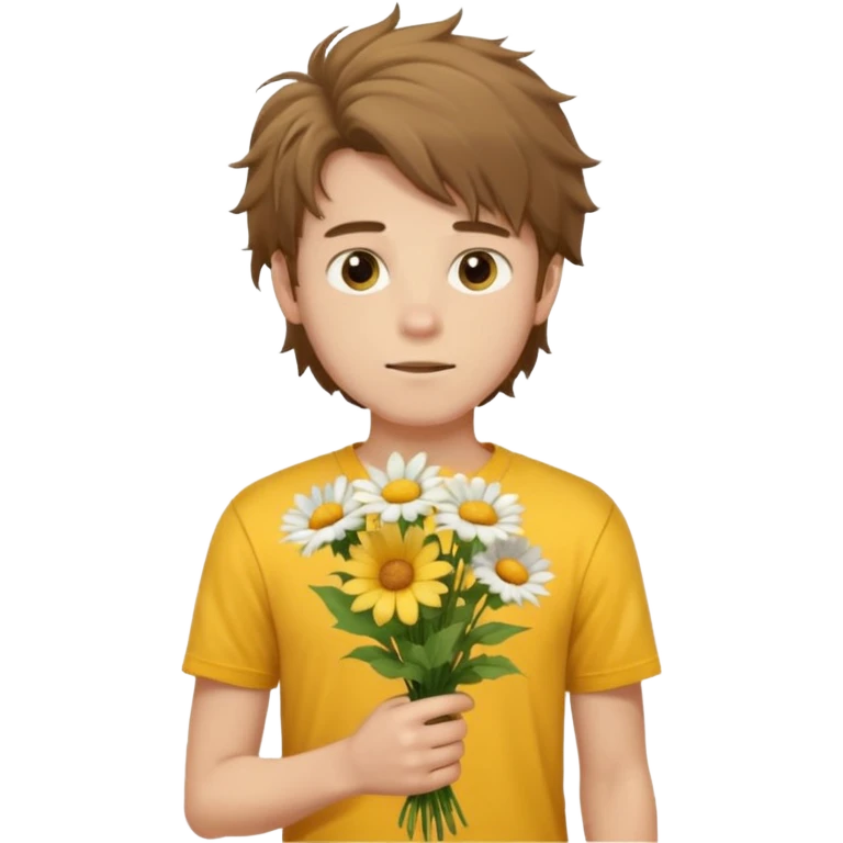 generate an ios genmoji of a 20 year old fair boy with brown long and messy hair with light beard on cheeks. carrying a flower bouquet, wearing a yellow tshirt, looking shy.  emoji