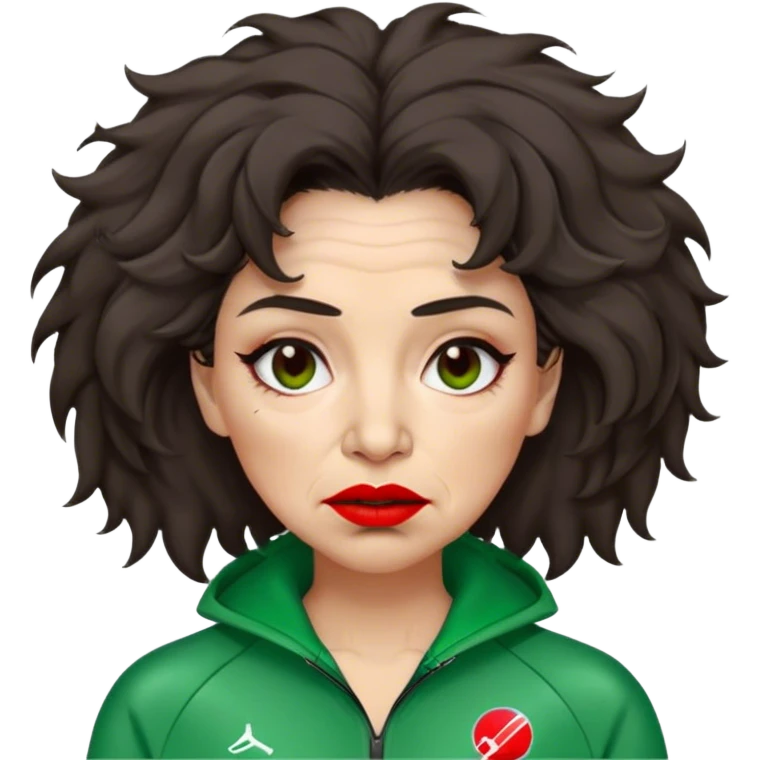 Han Mi-nyeo: Age Late 60s
A woman with many wrinkles face, frizzy, very messy dark brown hair and dramatic red lipstick.
Outfit: Green player tracksuit emoji