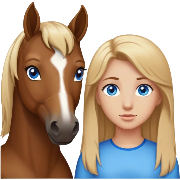 a bay horse standing next to a dark blonde girl with blue eyes emoji