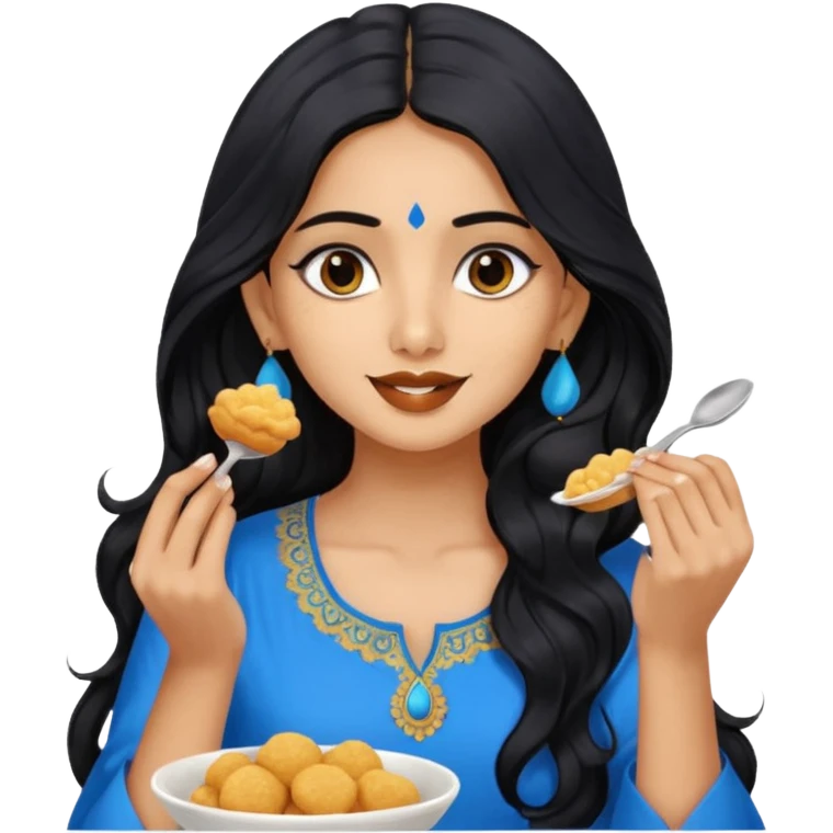 a pretty tan indian bratz girl with wavy long BLACK hair. eyeliner on, wearing a blue kurti, eating golgappa (without spoon) emoji