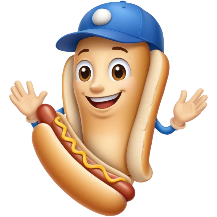 hot dog mascot with smiling face and blue baseball hat emoji
