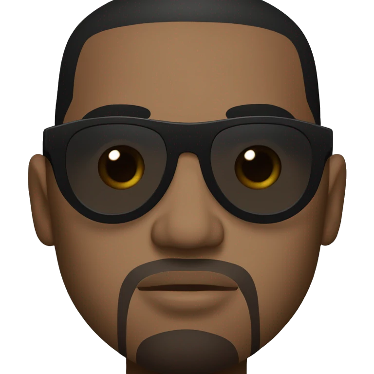 Kanye West has a round face with a prominent jawline. His skin is brown, and he has short black hair. He often wears stylish, oversized sunglasses. emoji
