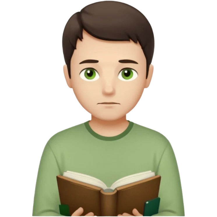 Thoughtful gentle man, fair skin, short dark brown hair, calm green eyes, simple light green shirt, waist-up front-facing, holding a closed book, serene expression, minimal background, soft lighting. emoji