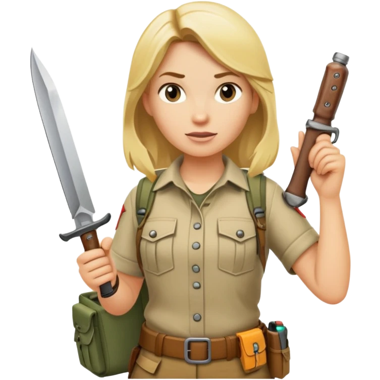 Blonde female wilderness explorer Melissa Backwoods holding a survival knife emoji