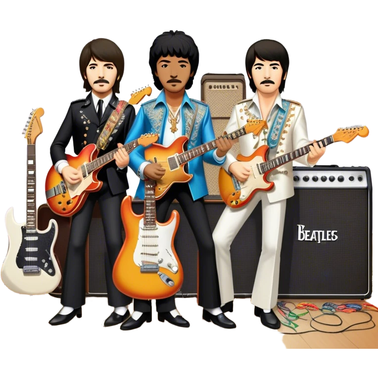 Rock music icon: collage of legendary rock stars—The Beatles, Jimi Hendrix, Elvis Presley, Queen, Nirvana, Led Zeppelin. Electric guitars, amplifiers, and microphones surrounded by vibrant stage lights and musical notes. Transparent background. emoji