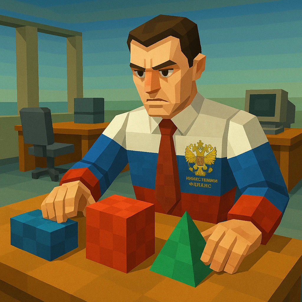 A Russian Ministry of Finance worker, serious, interacting with geometric shapes, modern office background, Russian flag colors, low poly 3D style. emoji