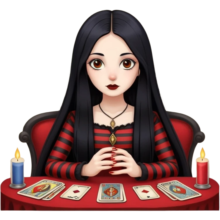 girl with long black hair in a respite of red stripes. with round eyes and a snub nose. oval face. dressed in gothic style and makes a layout on tarot cards emoji