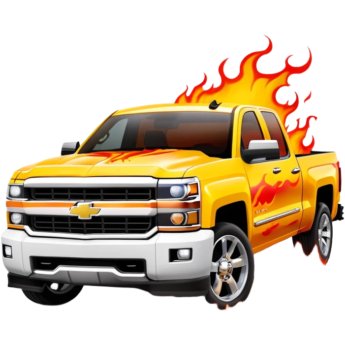 Bright yellow Chevrolet Silverado with professionally airbrushed red flame artwork with orange highlights, custom paint job like in Kill Bill, 30-degree angle showing detailed flames, iOS emoji style emoji