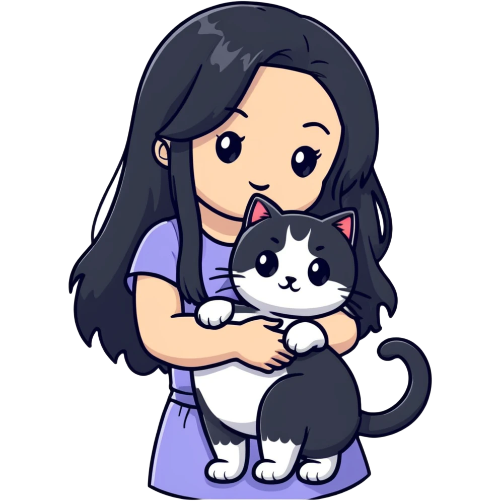 girl with long black hair holding a ginger cat emoji