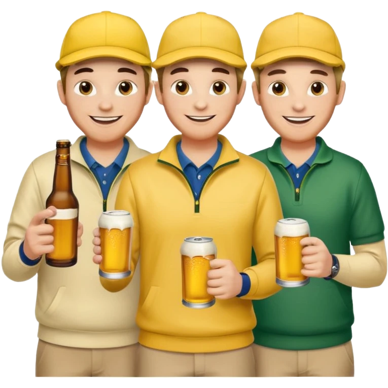 16 men on a golf trip wearing yellow golf caps all holding a beer can with a Xmas style label. Has to be 16 of them. emoji