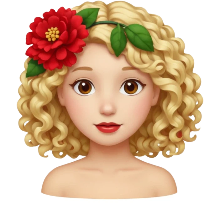 ["Fair skin female, curly blonde hair, red floral hair clip."] emoji