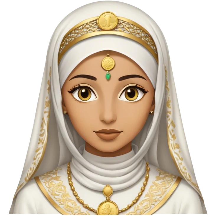 An Arab woman wearing a white and gold traditional with an ornate gold coin face veil  emoji