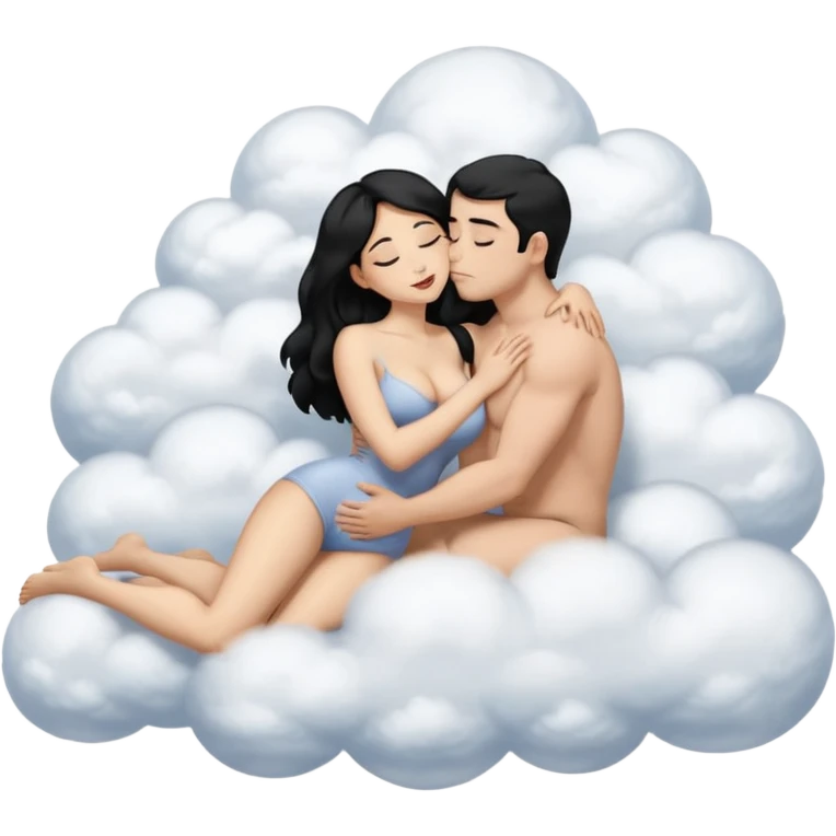 Девушка и мужчина голые лежат, на облаках в обнимку, она большие сиски, большая жопа, черные волосы. Он средного телосложения, волосы короткие. Они голые целуется. Видны все тело. Оба средного телосложения  emoji