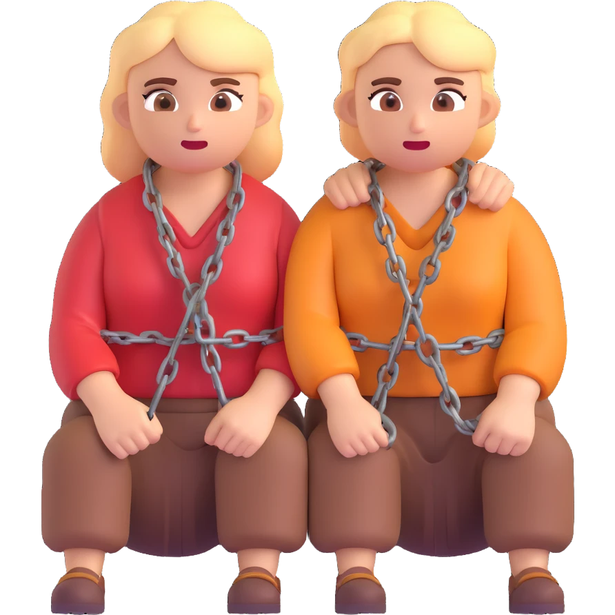 cartoonish emoji style tired helpless couple in rural clothes chained together angry villagers in the background colorful expressive scene emoji