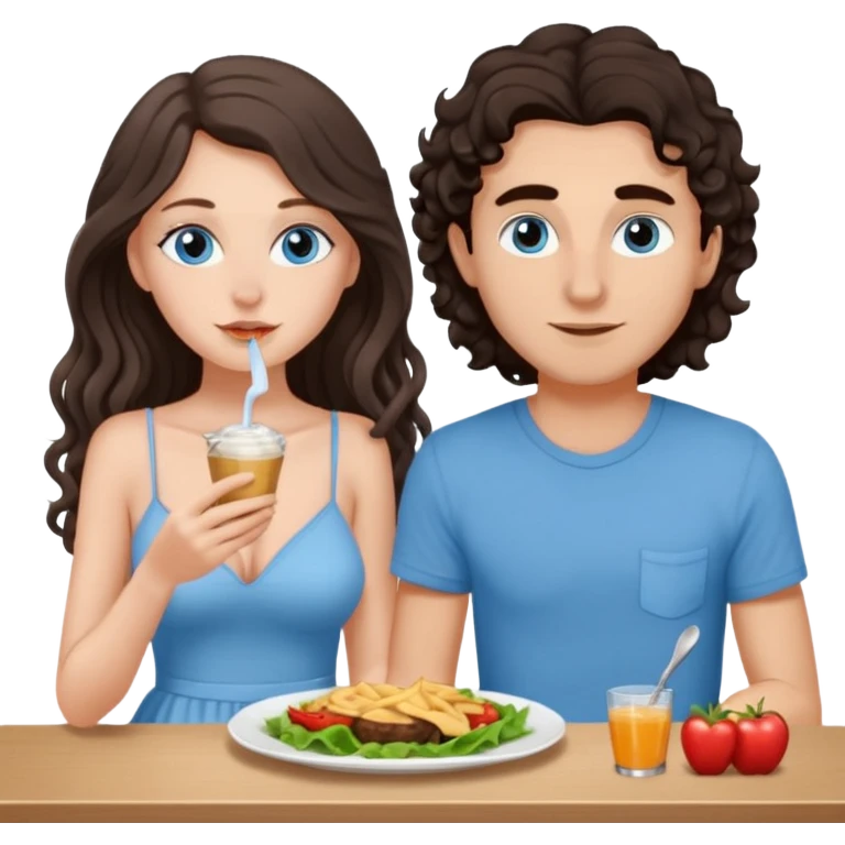 white girl, dark brown long slightly curly hair , skinni but with big breast , septum piercing on nose, beautiful dark gray-blue eyes, having luch with her bf  emoji