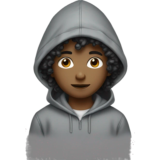 boy with black wavy curls black eyes with grey hoodie  emoji