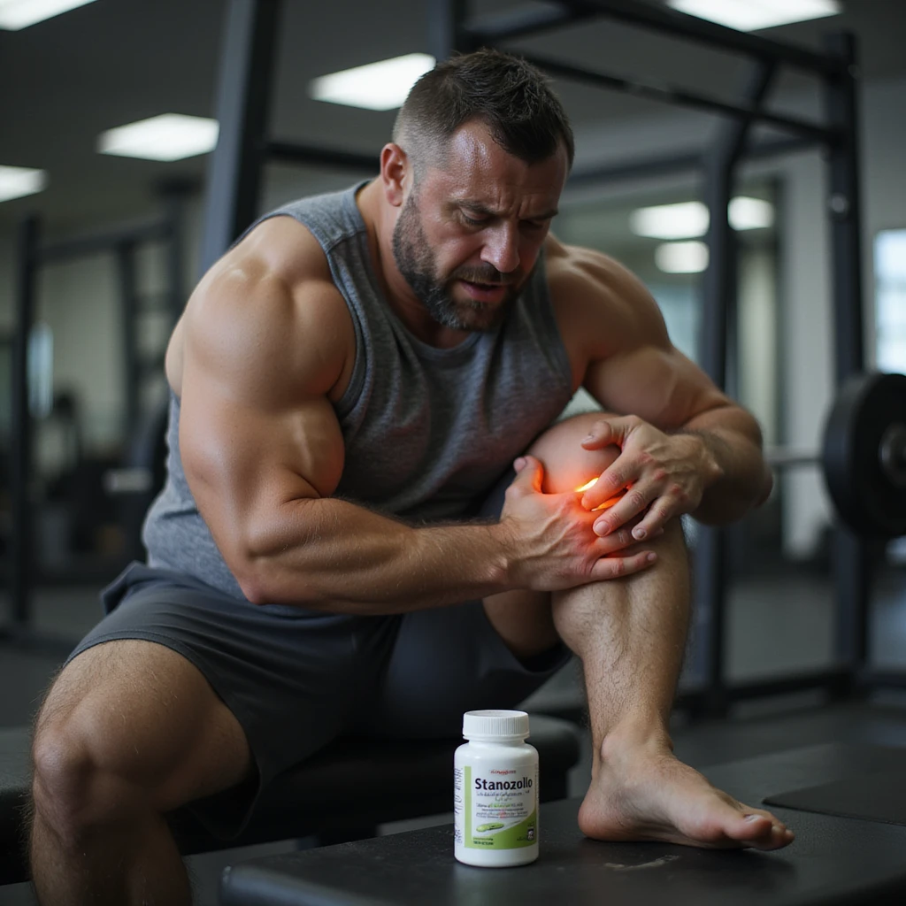 European powerlifter in competition clothing, sitting on a bench in a gym, massaging knee with painful expression, bottle labeled 'Stanozololo' nearby, realistic atmosphere, detailed joint pain, gym background emoji