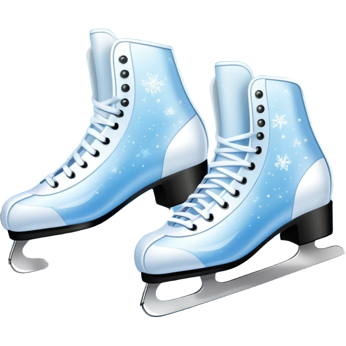 An icon showing In the background, twinkling lights, winter trees, and blue sky. a pair of elegant ice skates gliding across a smooth, frozen rink with snowflakes in the air. Transparent background highlights the grace and charm of ice skating. emoji
