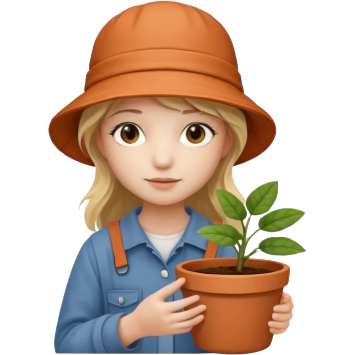 young girl wearing bucket hat, holding a plant pot emoji