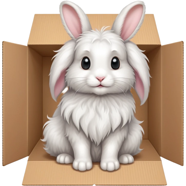  A very cute young Angora long haired rabbit  with one's head tilted to one side poked its paws out of the cardboard big box and placed them on top of it emoji