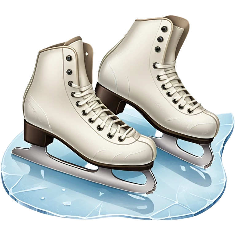An icon showing a pair of elegant figure skates resting on scratched and scuffed ice, with visible marks from previous skaters. The background hints at an icy rink, with textured ice and soft lighting adding depth. Transparent background emphasizes the beauty of skating. emoji