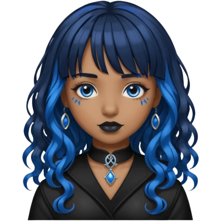 Uma garota parda com cabelo cacheado longo e com franja cabelo preto com mechas azul e estilo gótica emoji