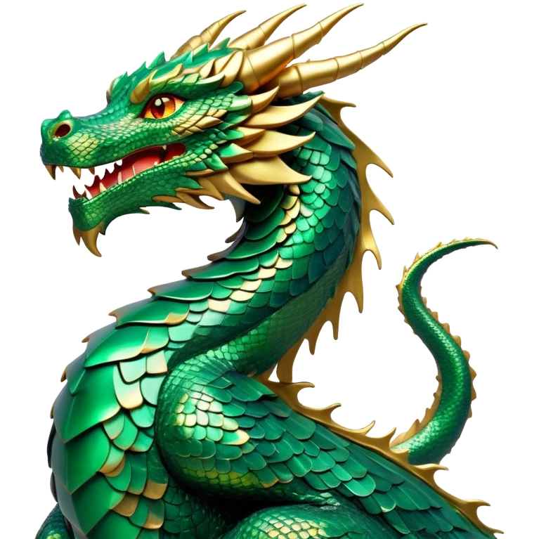 Cinematic Noble Dragon Portrait Emoji, Poised and majestic, with a sinuous, elongated body covered in intricately detailed, shimmering scales in hues of emerald and gold, and piercing, fiery eyes that reflect ancient wisdom; rendered with lifelike texture and natural highlights, high shine, intelligent and formidable, styled with an aura of mythic power, focused and attentive, soft glowing outline, capturing the essence of a legendary dragon that appears ready to soar out of the screen with timeless authority! emoji