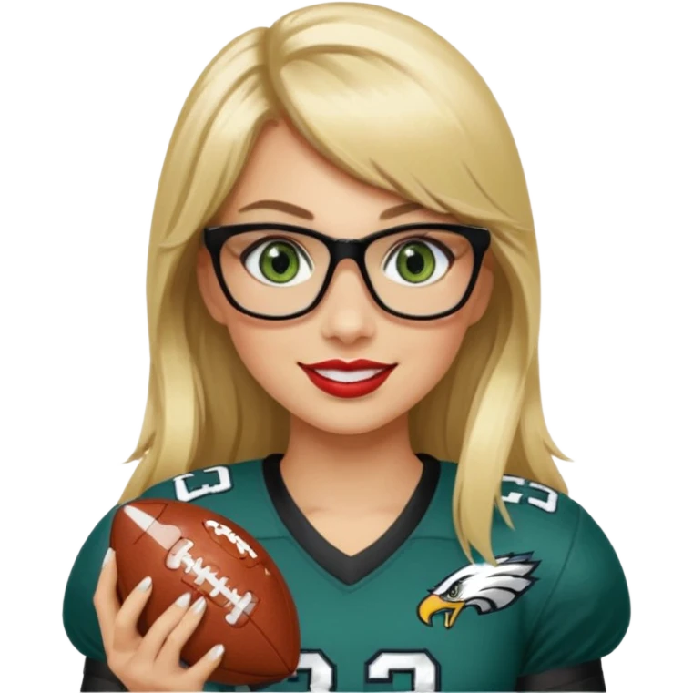 full length women wearing eagles uniform, long blonde hair, styled bangs, green eyes, black glasses, holding football, number 33, smiling, lipstick emoji