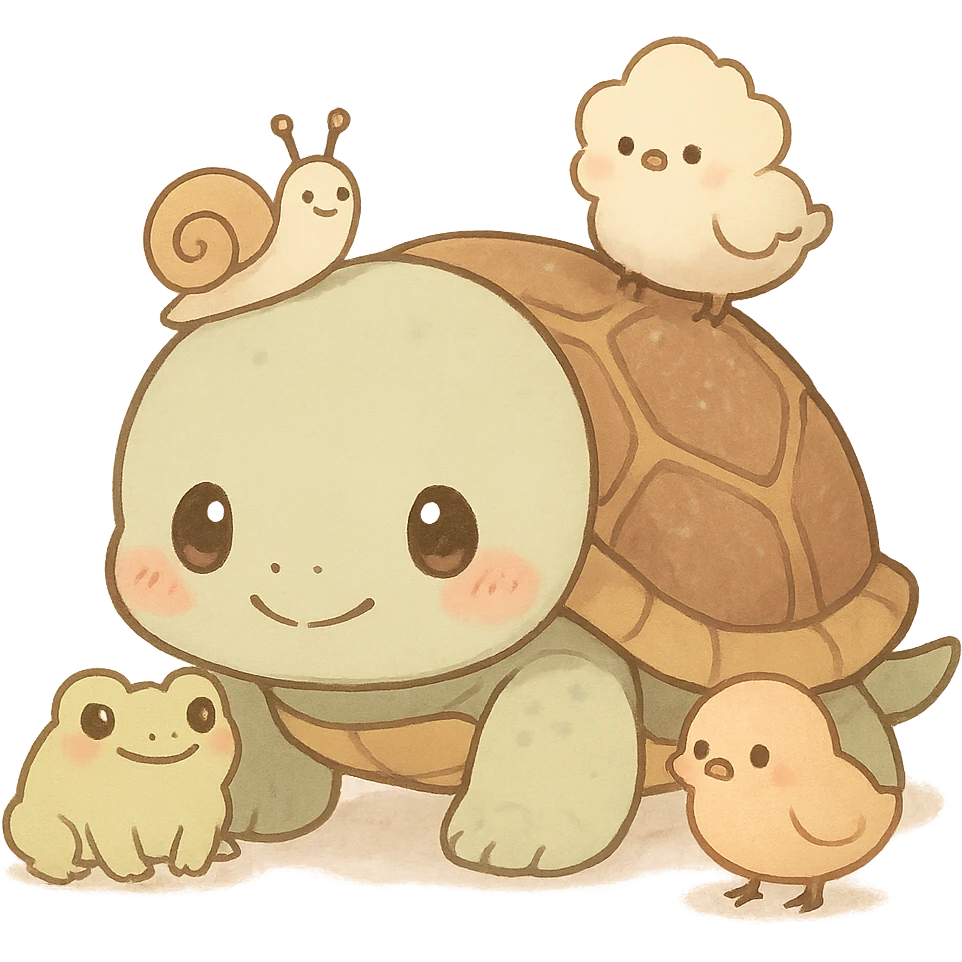 cute anime turtle with friends, cute style, detailed, soft colors emoji