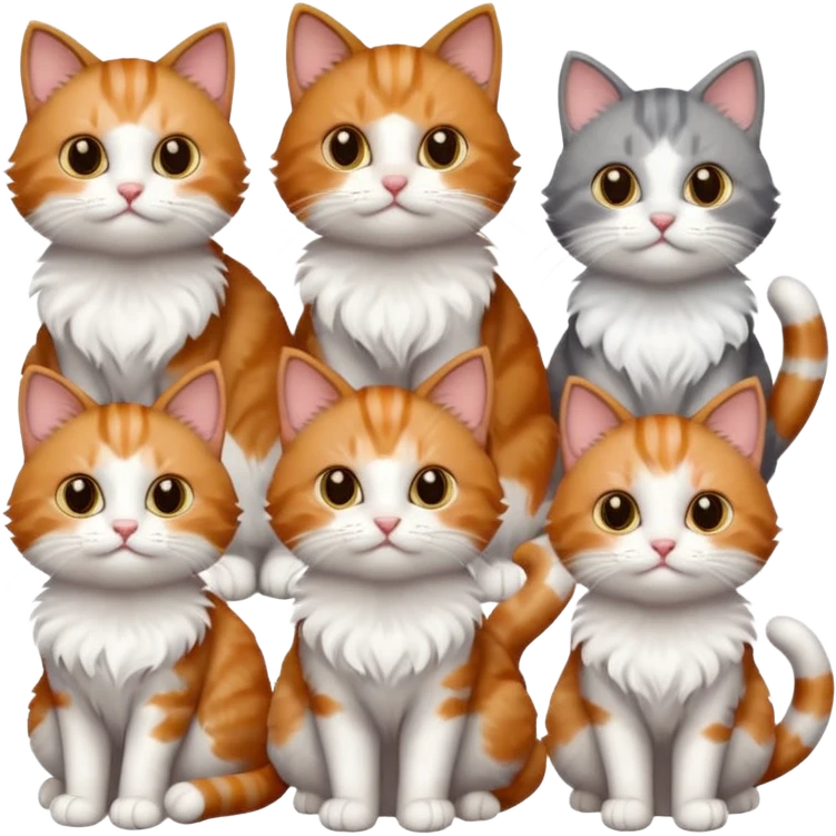 6 cats: 1 small ginger and white, 1 small brown tabby and white, 1 small grey and white, 1 big grey and white, 1 mostly grey with white paws and small white patch on chest and 1 calico emoji
