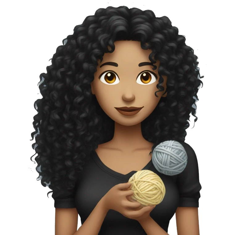 woman with long black curly hair holding a ball of yarn wearing black clothes emoji